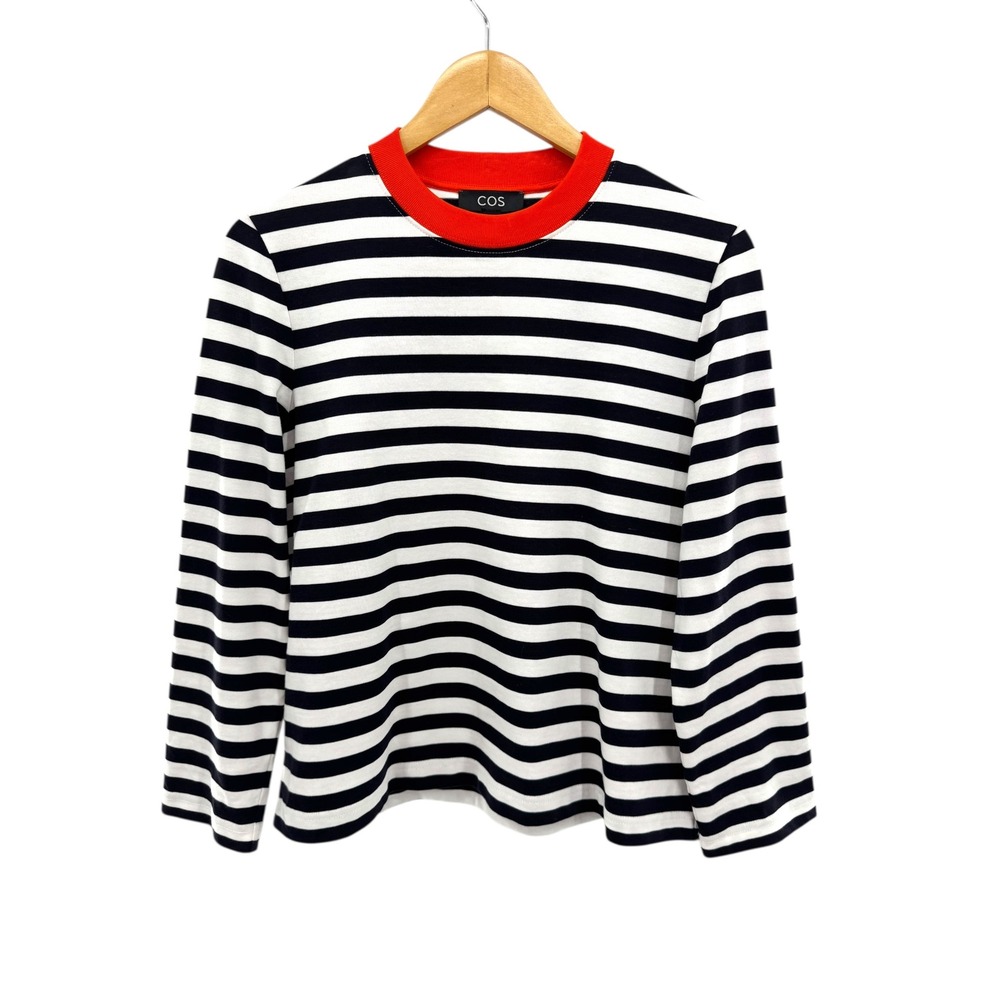 COS Black and White Striped Long Sleeve Tee with Red Collar